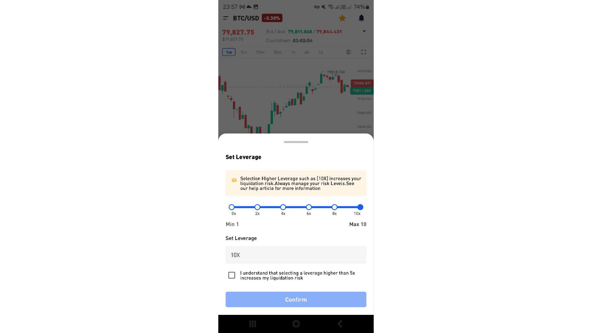Settaggi della leva finanziaria su BitDelta Mobile