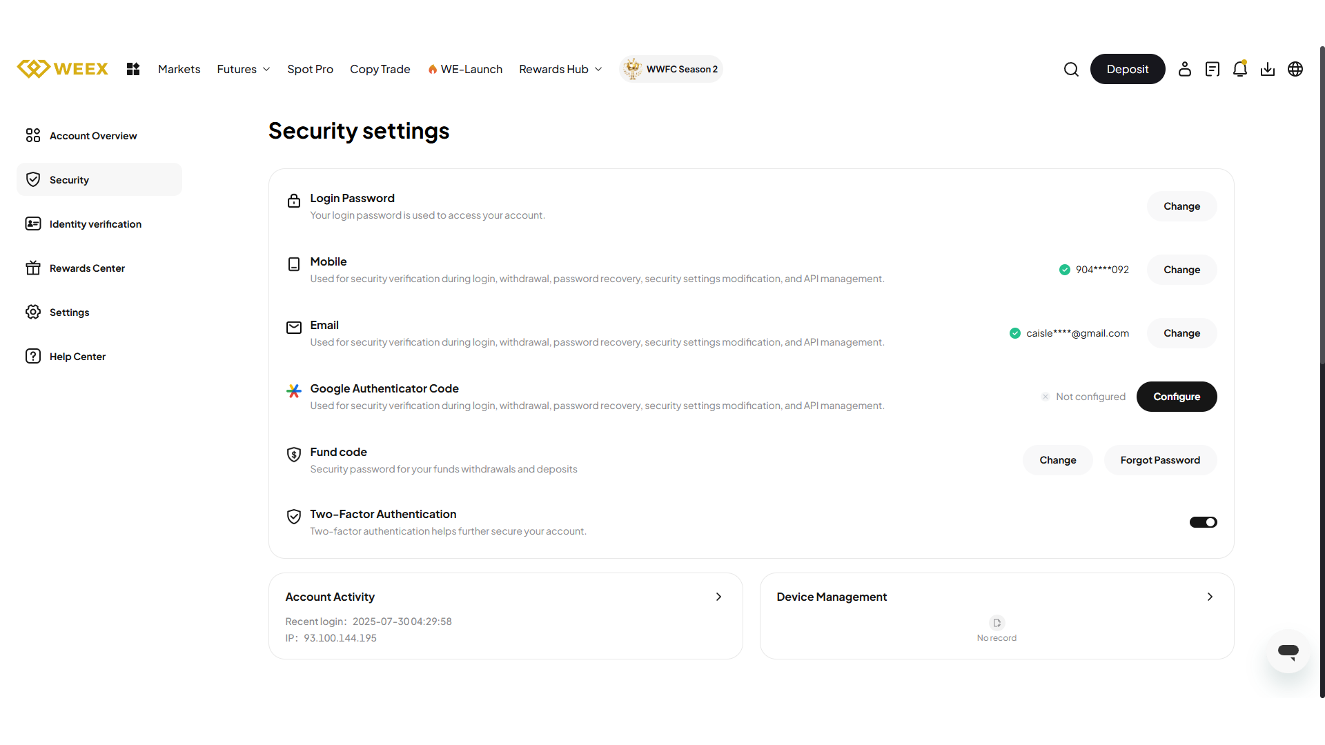 Impostazioni di sicurezza su WEEX