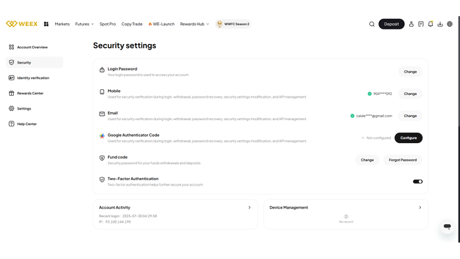 Security settings at WEEX