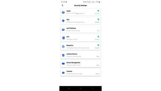 Security settings on BitDelta Mobile