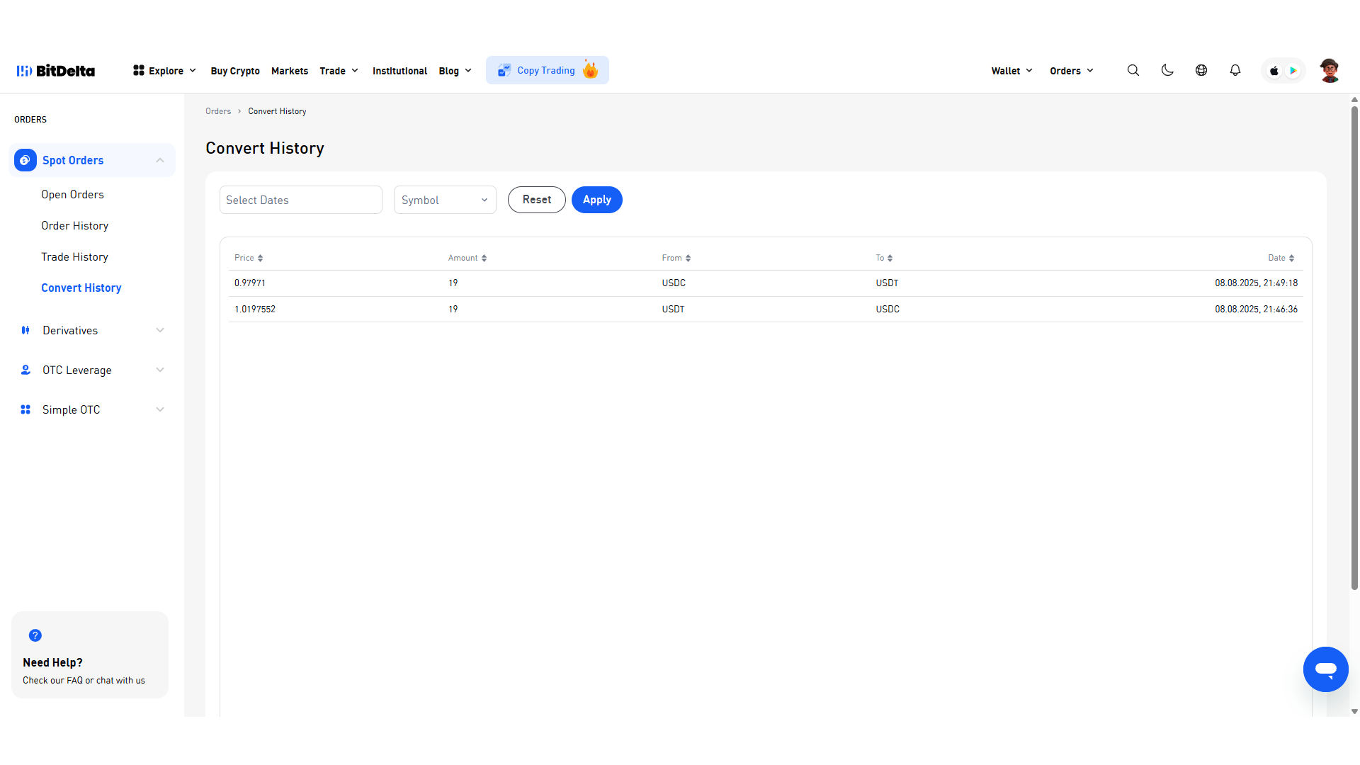 I dettagli della transazione quando utilizzi Crypto Converter su BitDelta