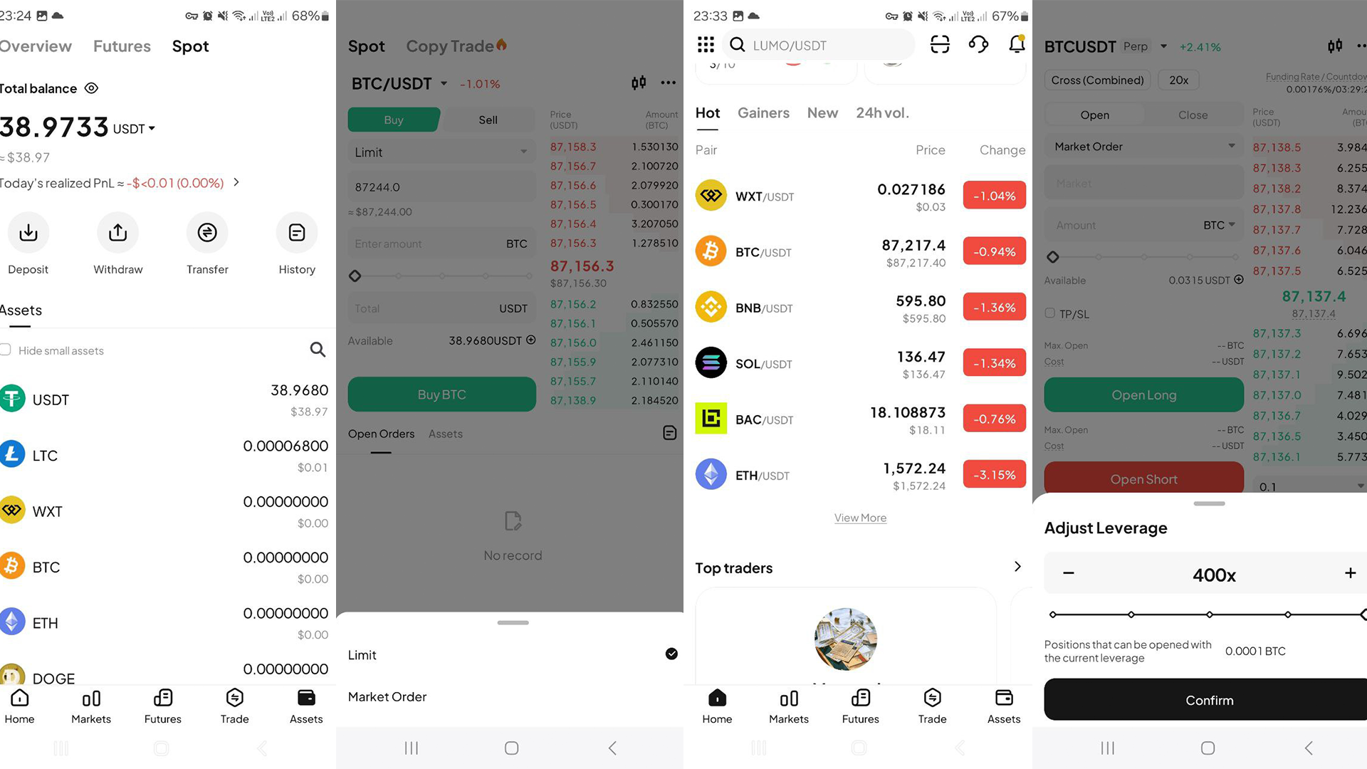 Funzionalità dell’app WEEX