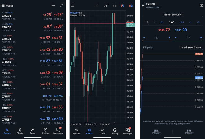 Watchlist of selected instruments (1), chart window (2), order placing window (3)