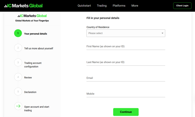 IC Markets’ account registration form