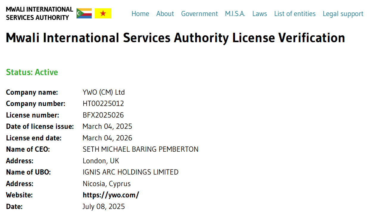 YWO (CM) Ltd’s licensing info at mwaliregistrar.com