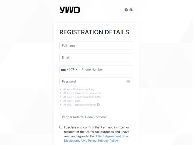 YWO account registration form