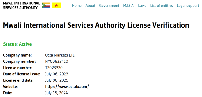 OCTA Markets LTD’s licensing info at mwaliregistar.com