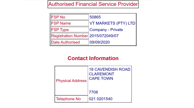 VT Markets (Pty) Ltd’s licensing info at fsca.co.za