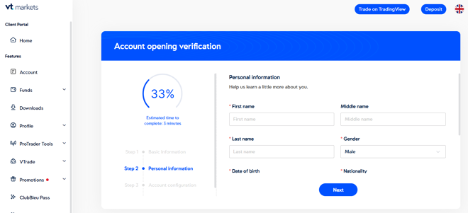 VT Markets’ account registration form