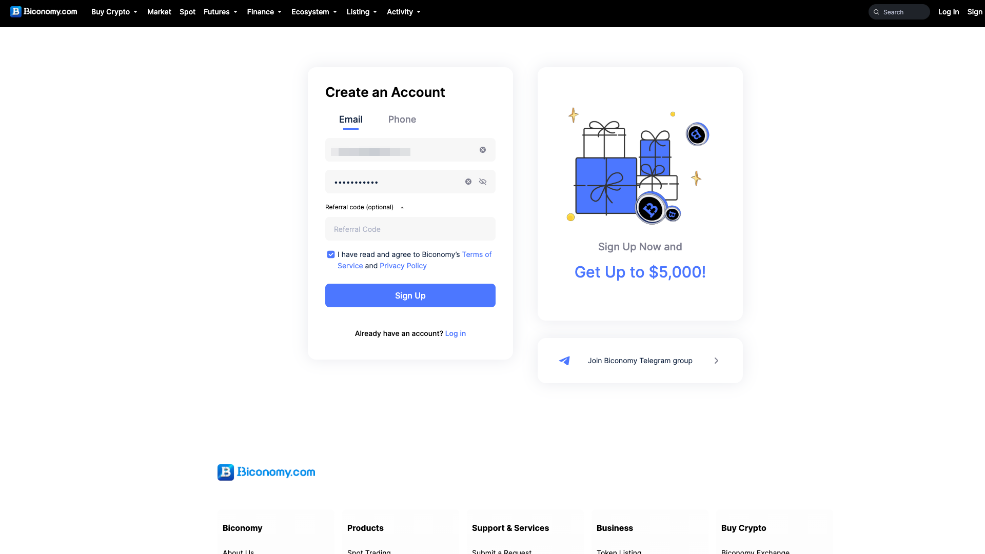 Pagina di registrazione su Biconomy