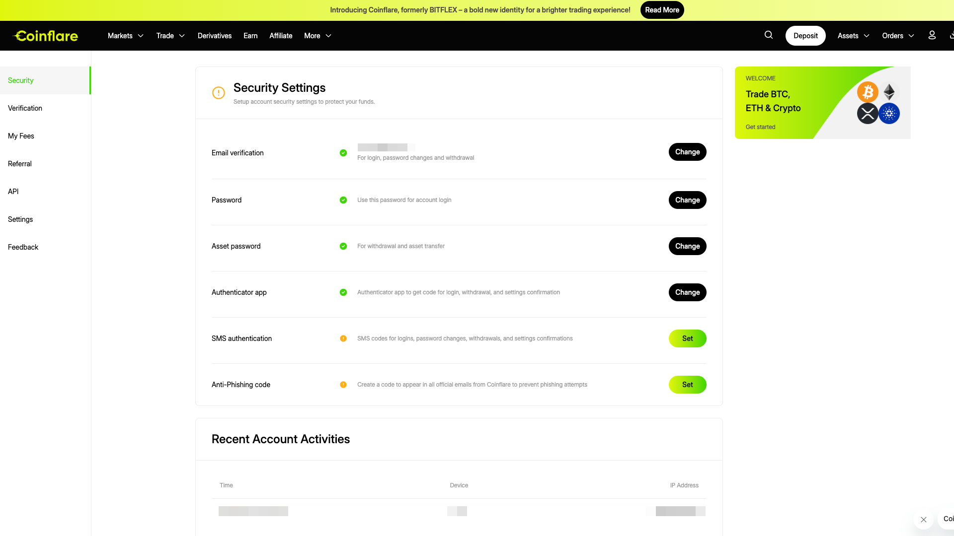 Misure di sicurezza su Coinflare
