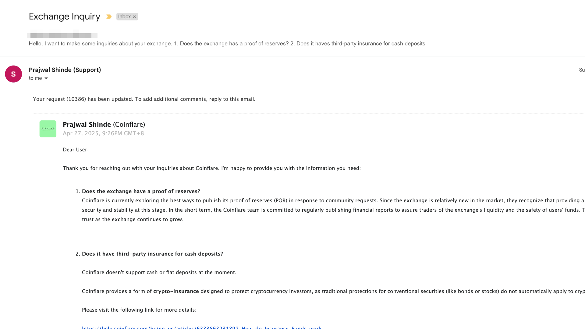 La risposta via mail di Coinflare