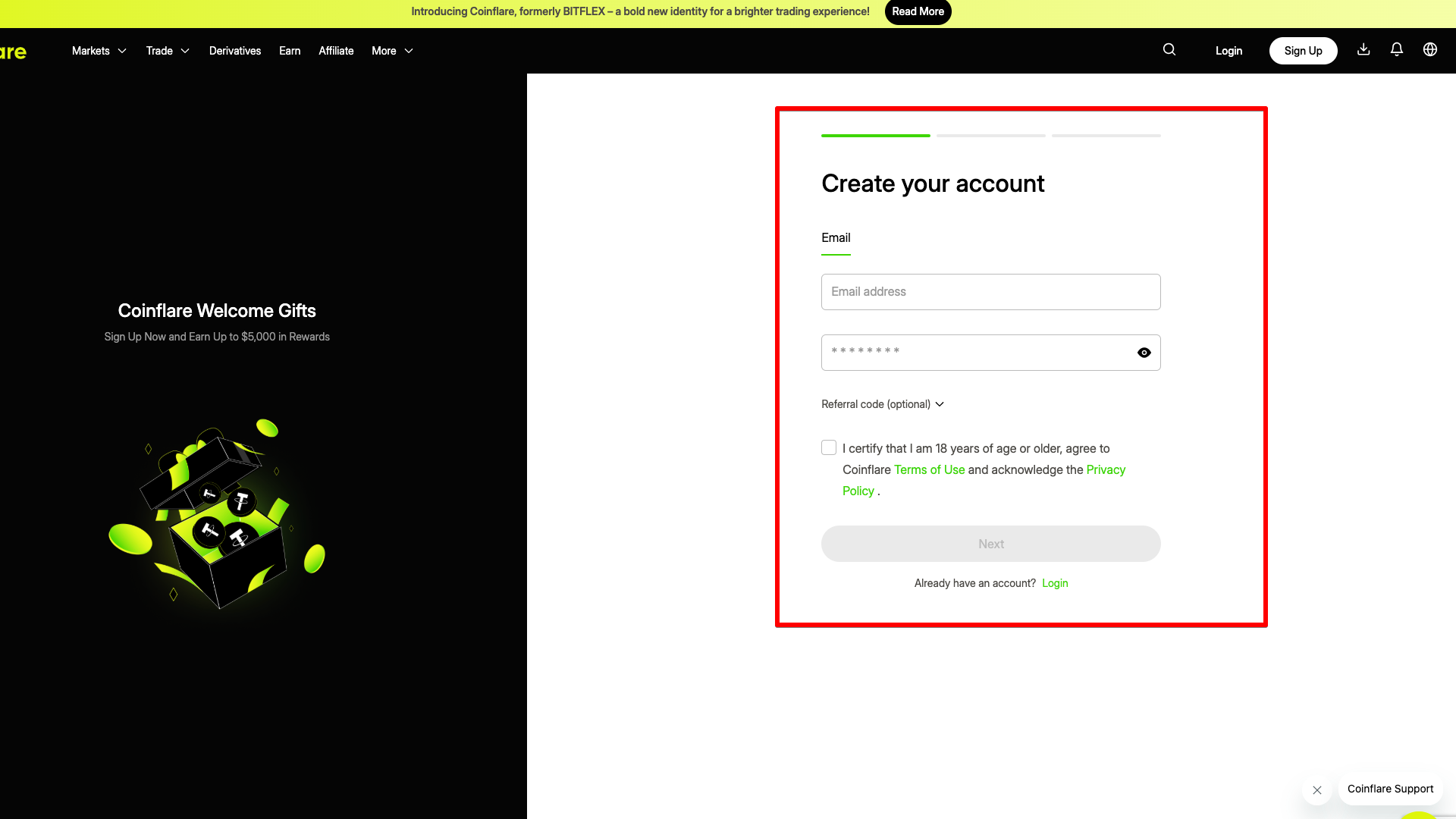 Registrazione su Coinflare