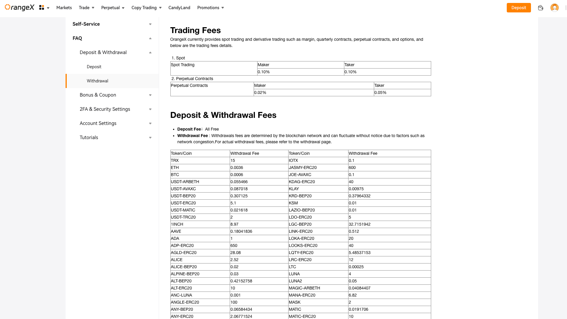 OrangeX Fees