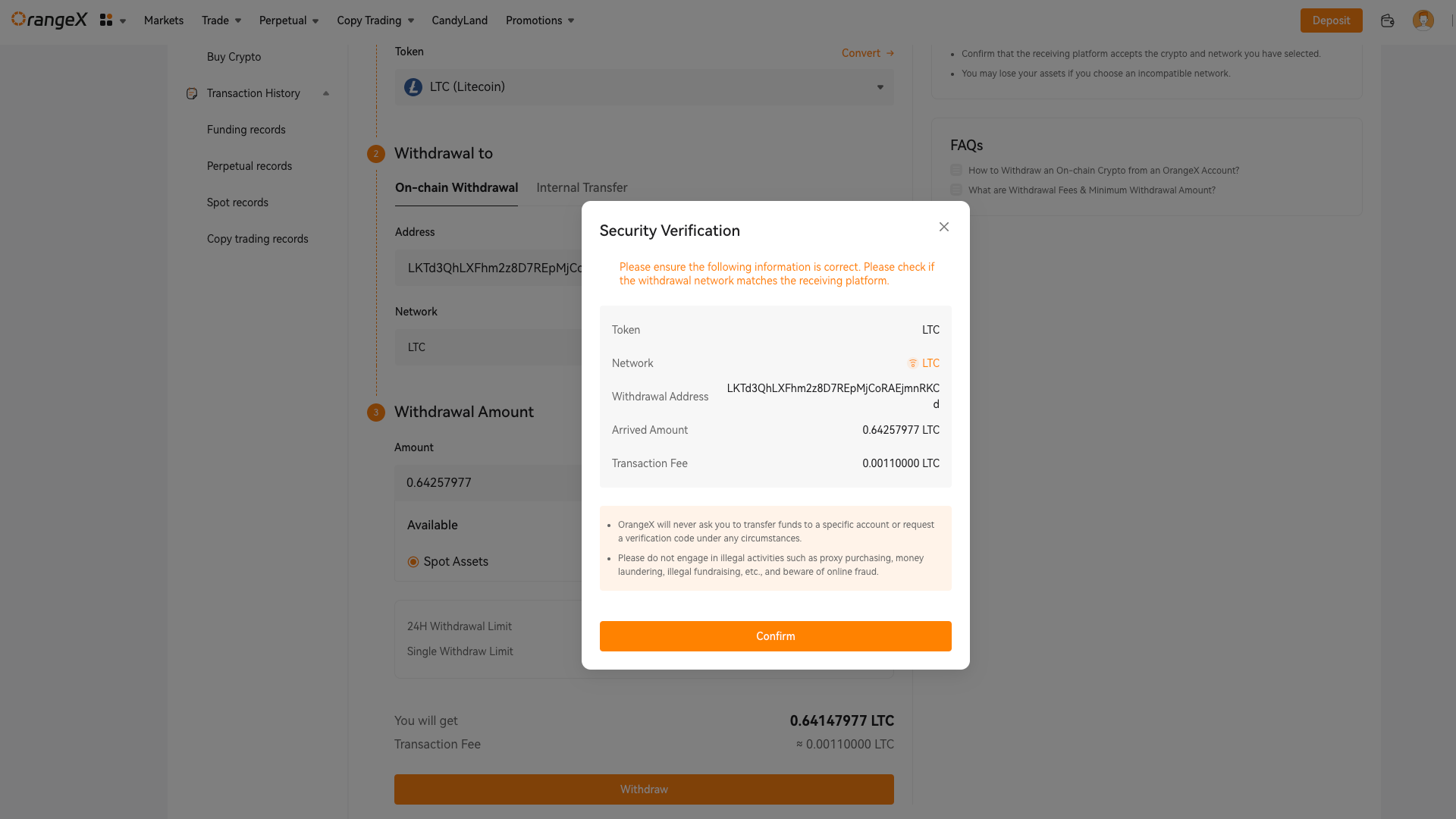 Withdrawal Confirmation