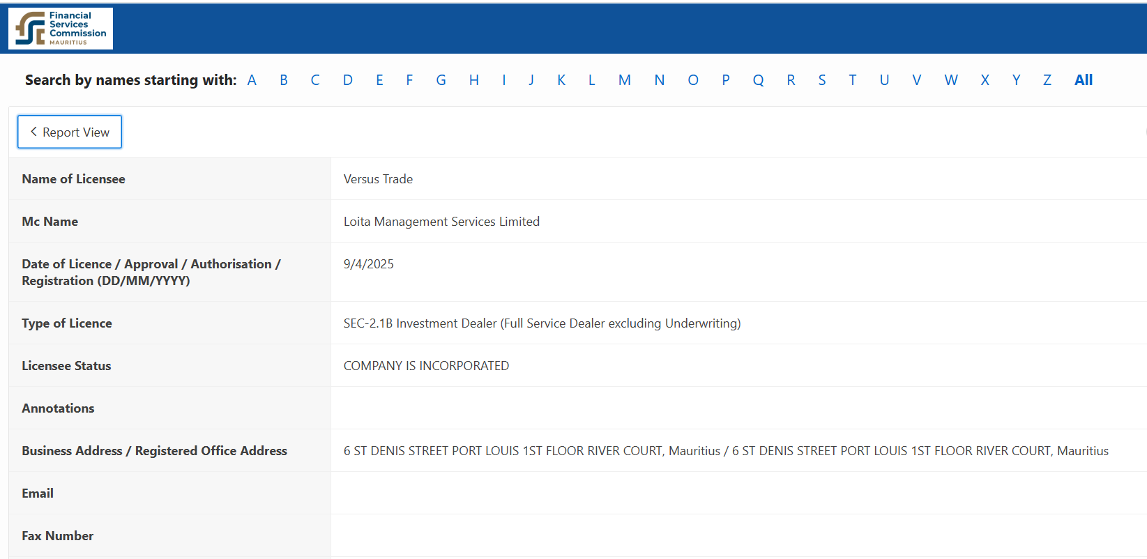 Versus Trade Ltd’s licensing info