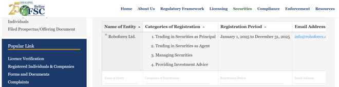 RoboForex Ltd’s licensing info at belizefsc.org.bz