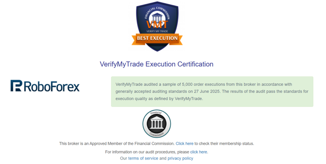 RoboForex’s VerifyMyTrade certificate