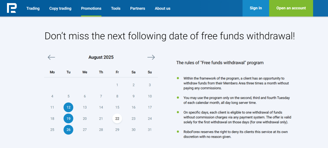 RoboForex’s free withdrawals policy