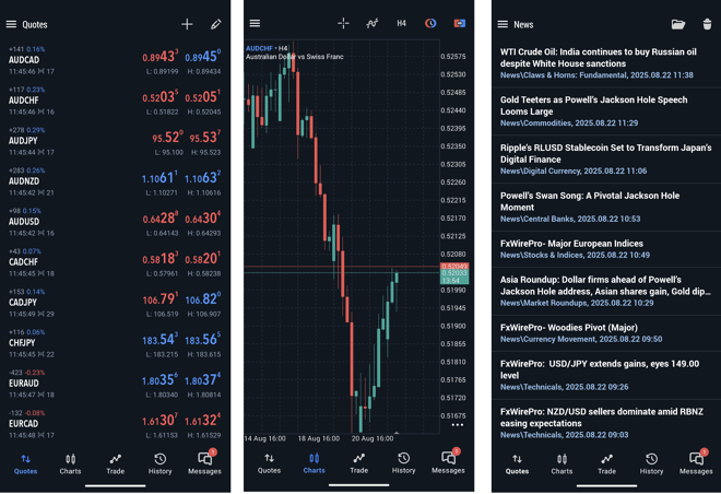 Watchlist of selected instruments (1), chart window (2), news window (3)