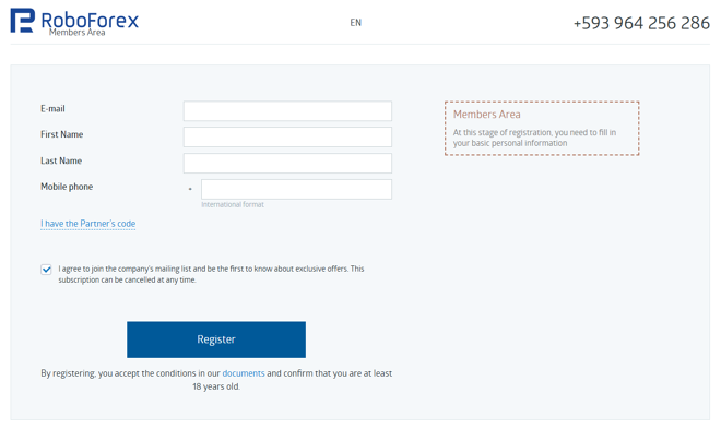 RoboForex’s account registration form