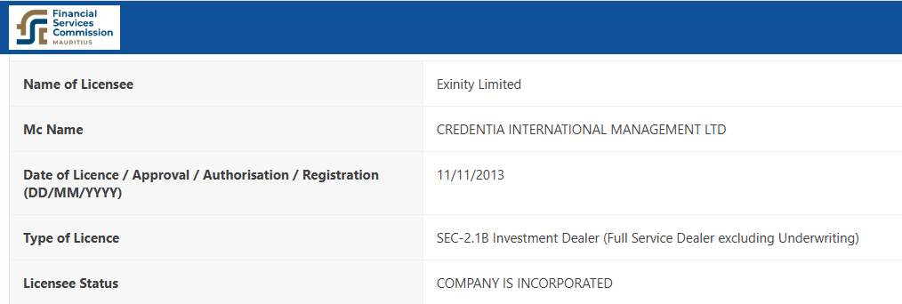 Exinity Limited’s licensing info at fscmauritius.org