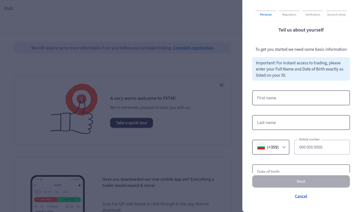 FXTM’s account registration form