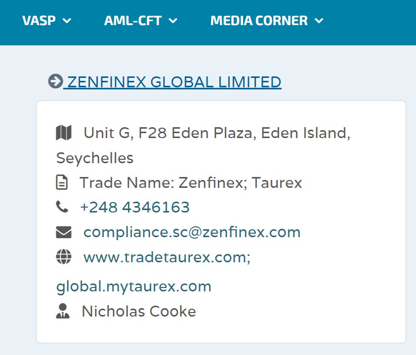 Zenfinex Global Limited’s licensing info at fsaseychelles.sc