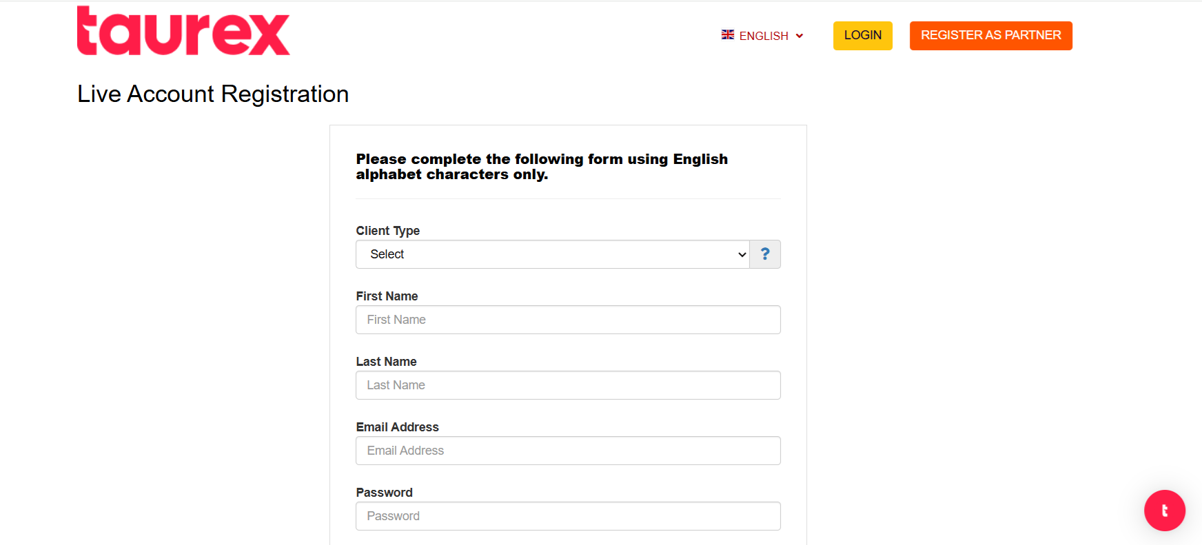 Taurex’s account registration form