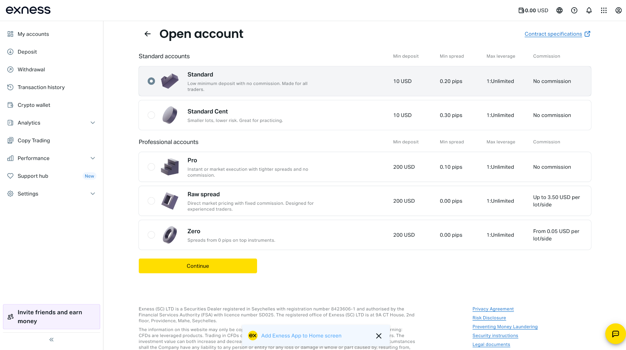 Selecting account types within the client portal