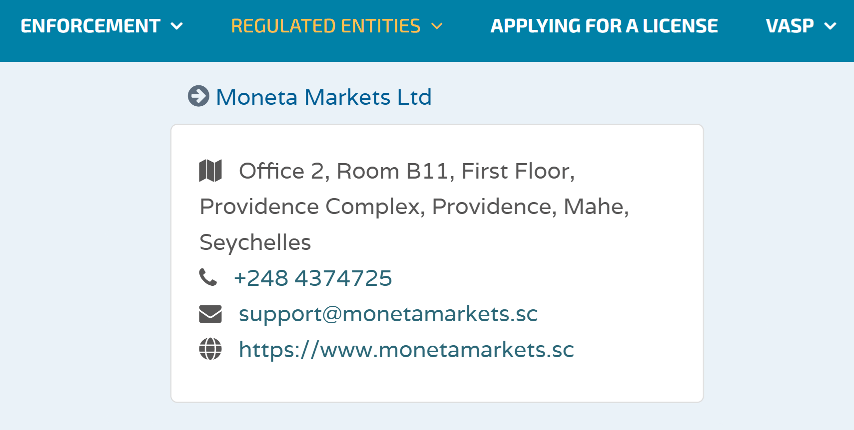 Moneta Markets Ltd’s licensing info at fsaseychelles.sc