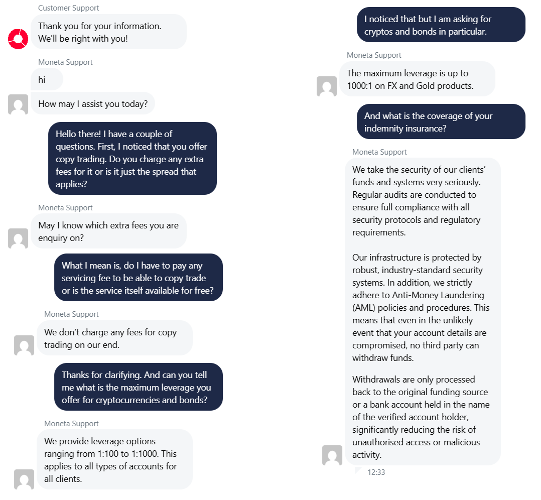 My conversation with Moneta Markets' customer service