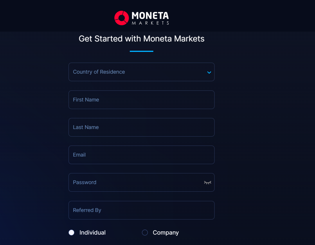Moneta Markets’ registration form