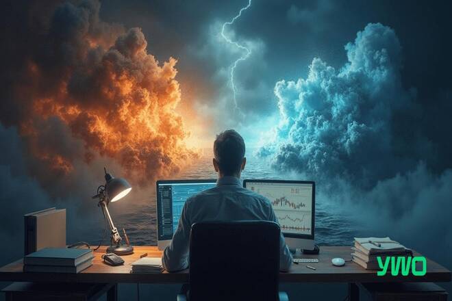 Trader in front of computer with clouds on the background and YWO logo. FX Empire
