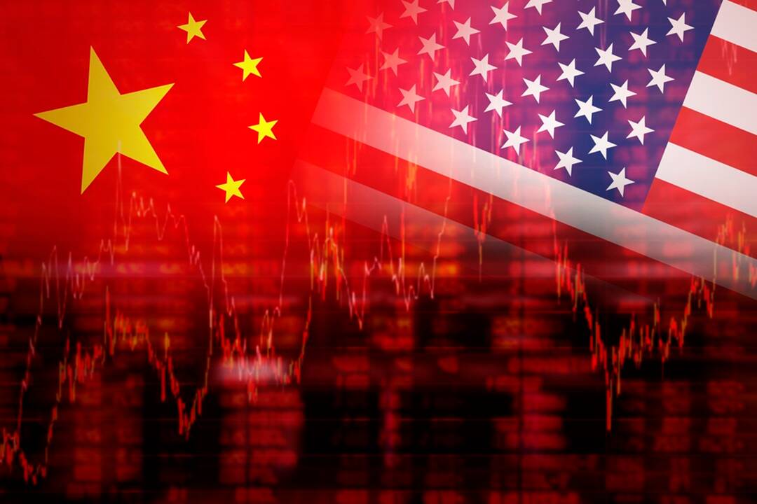 Flag of USA with Flag of China Downtrend stock diagram. FX Empire