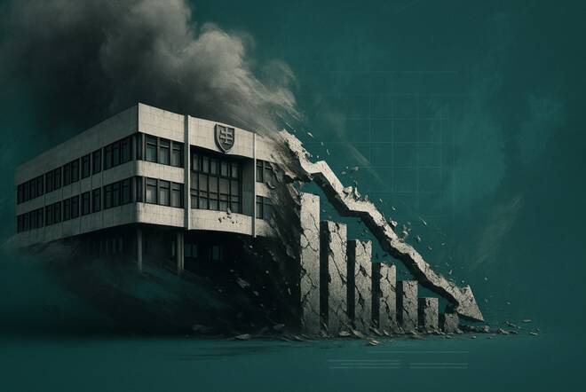 Building from Slovakia and downwards arrow. FX Empire