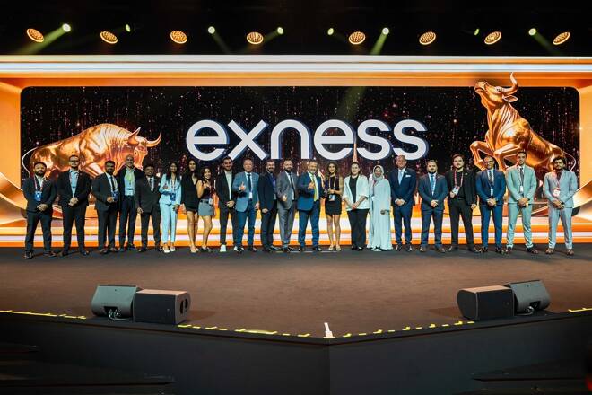 Exness team receiving the award "Most Client-Oriented Broker” at Forex Expo Dubai 2025. FX Empire