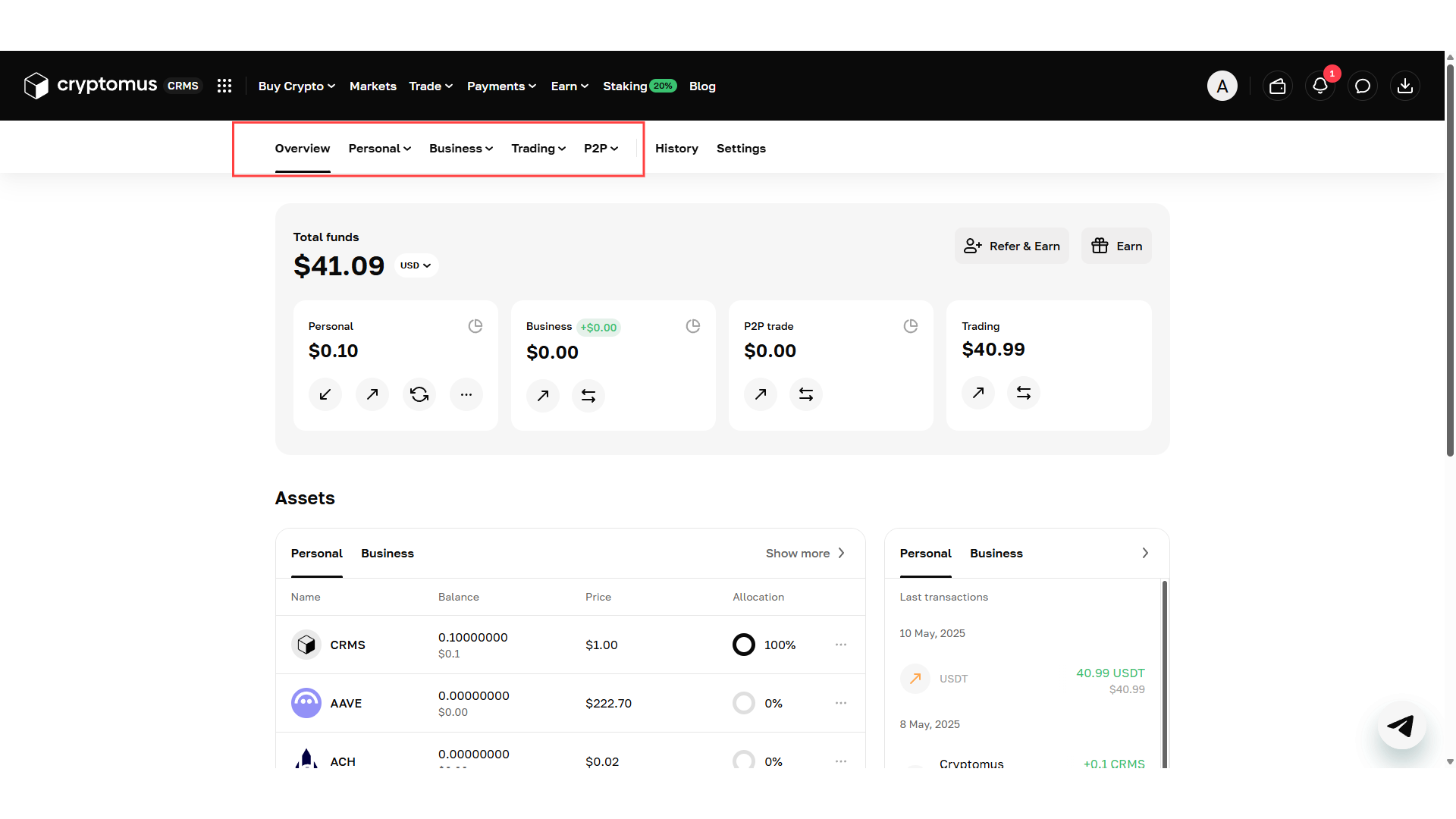 Tipi di conto su Cryptomus
