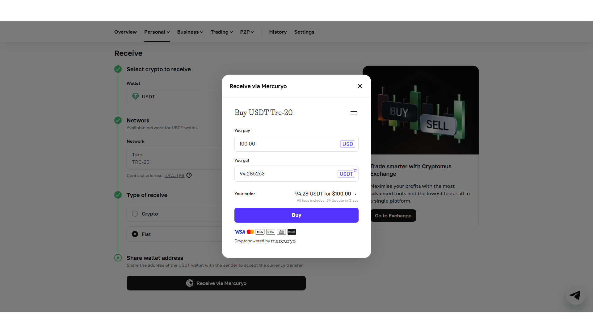 Comprare criptovalute su Cryptomus tramite Mercuryo