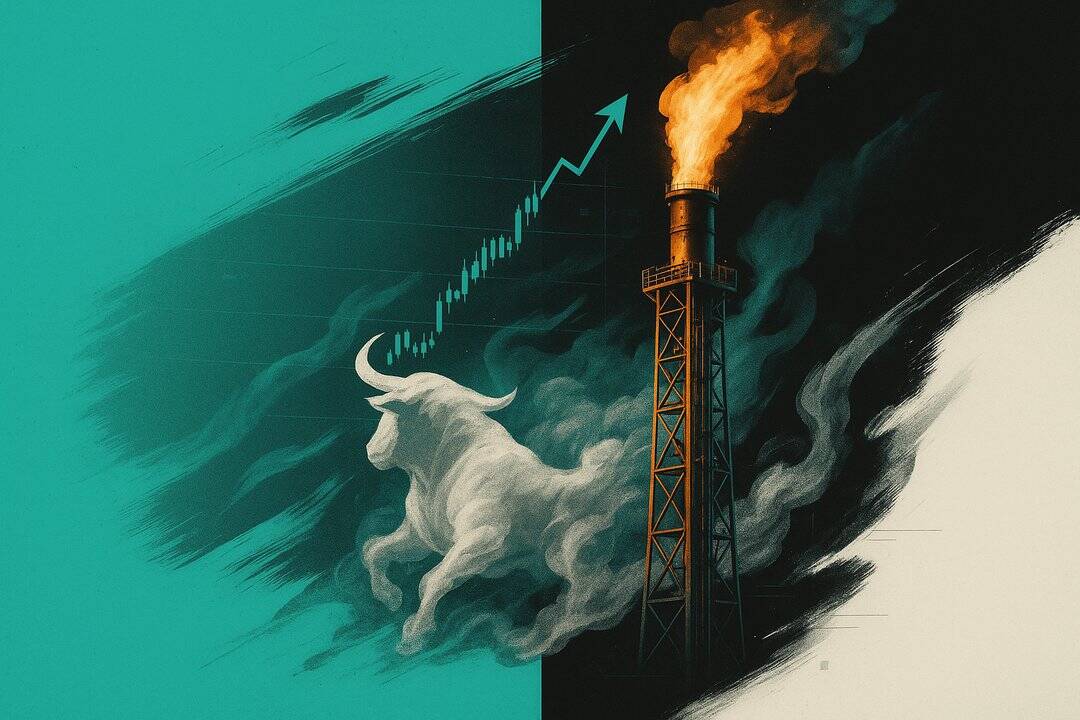 Natural gas tower, flame and bull. FX Empire