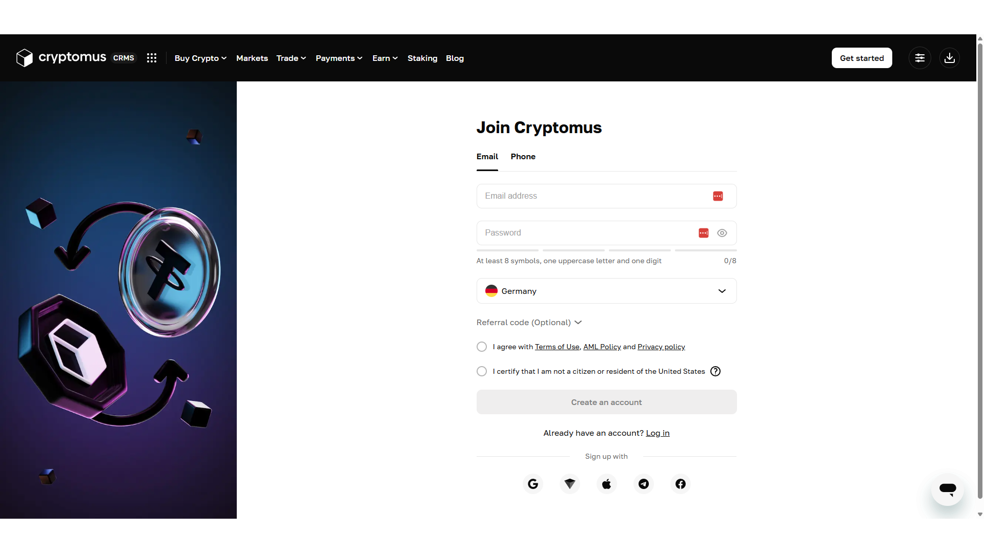 Apertura di un nuovo conto su Cryptomus