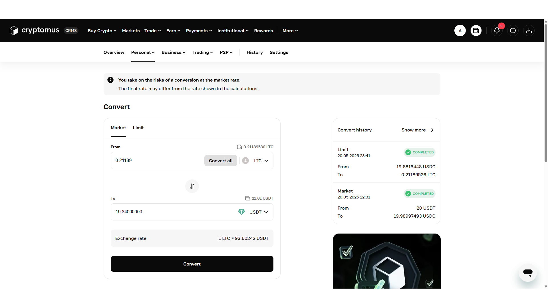 Convertitore e calcolatore di criptovalute su Cryptomus