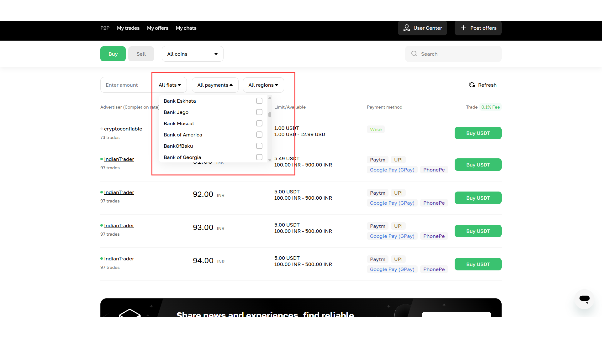 Opzioni di deposito tramite P2P su Cryptomus