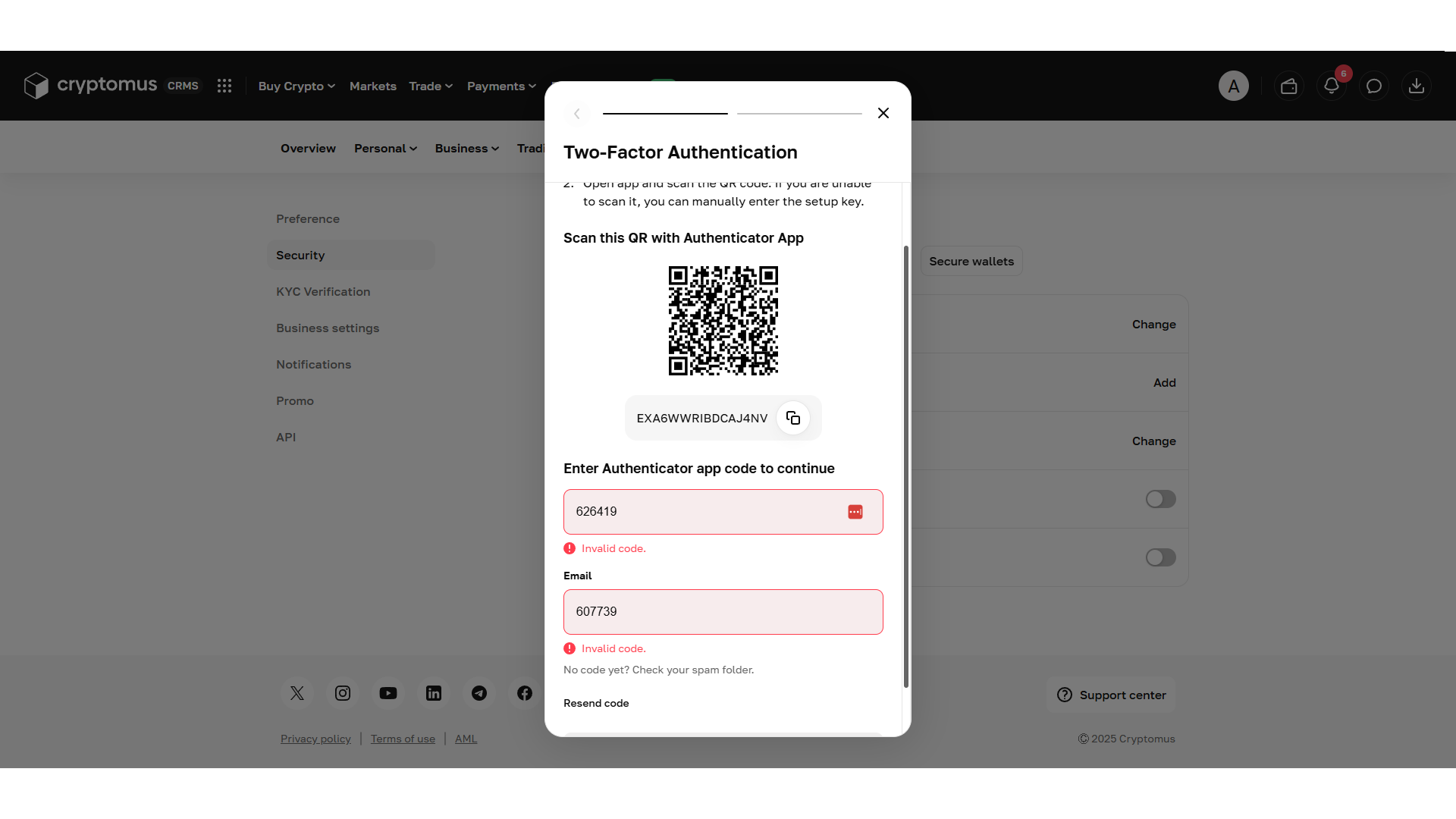 Problemi con i codici temporanei durante la configurazione della 2FA su Cryptomus