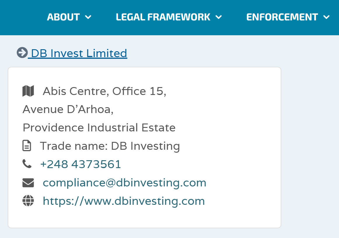 DB Invest Limited’s licensing info at fsaseychelles.sc