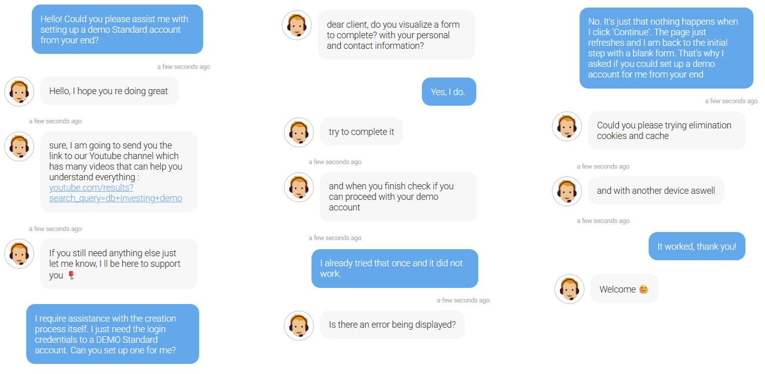 My conversation with DB Investing on 8 September at around 08.30 CET via live chat