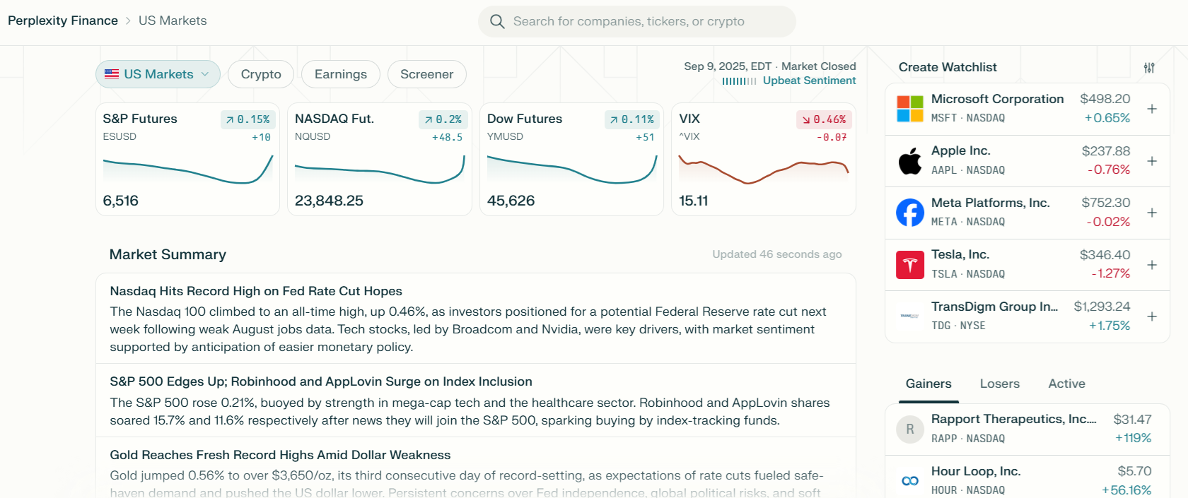 Perplexity Finance’s main panel