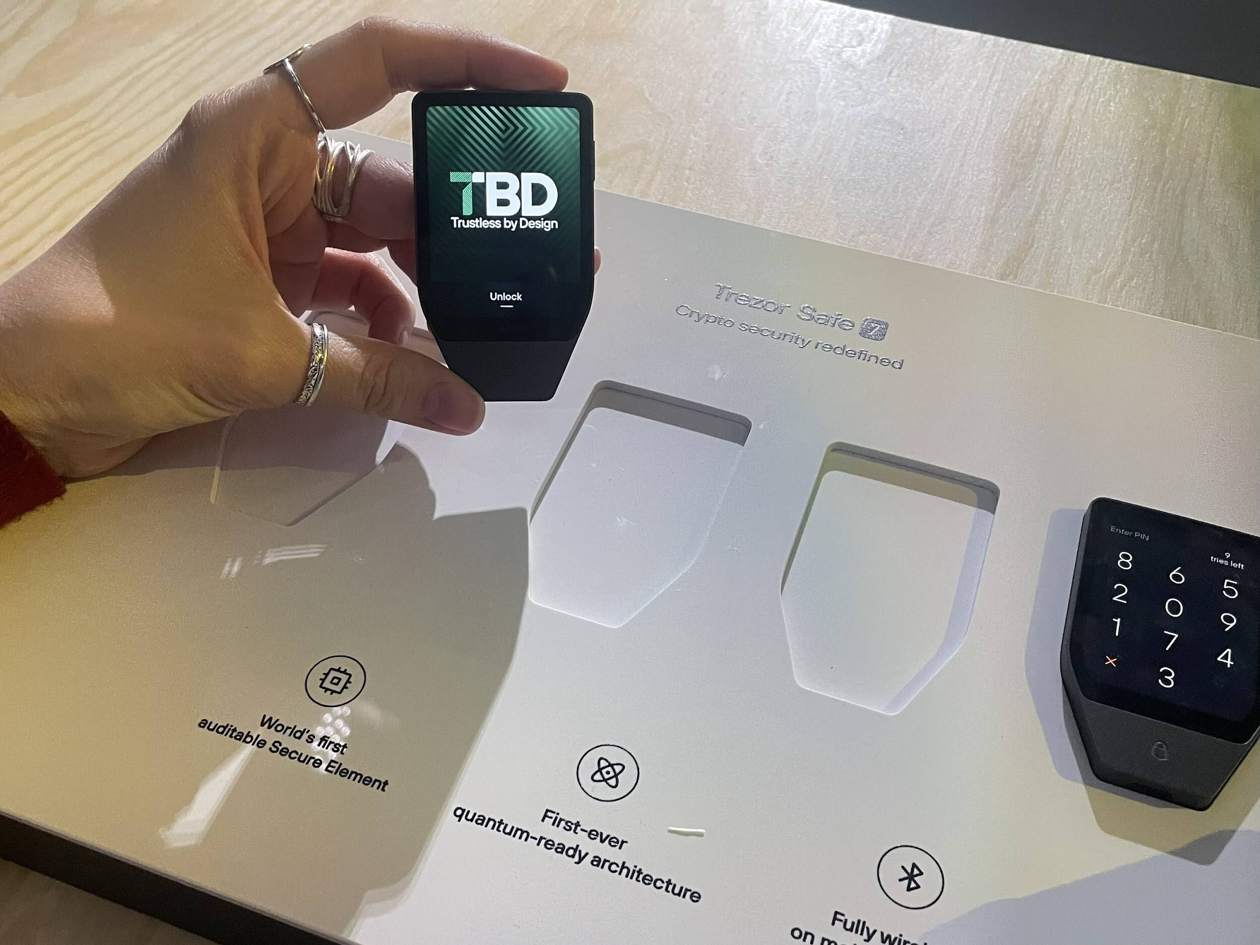 Trezor Safe Wallet unit, showing how small a crypto wallet can be