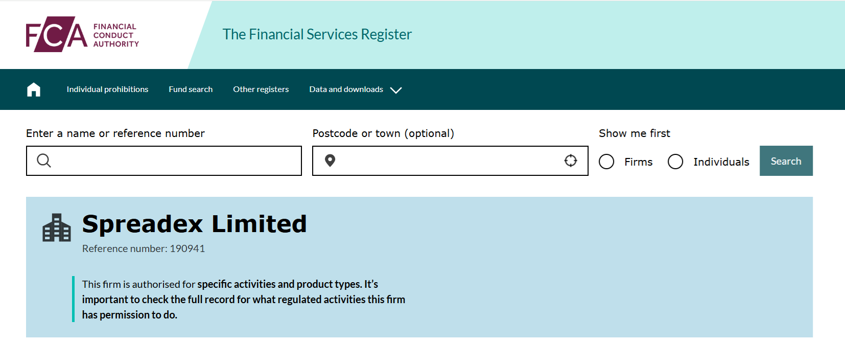 Spreadex Limited’s licensing info at fca.org.uk