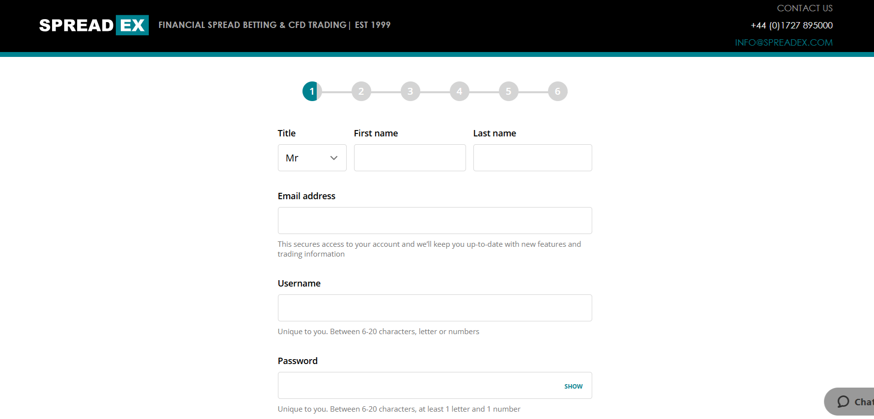 Spreadex’s account registration form